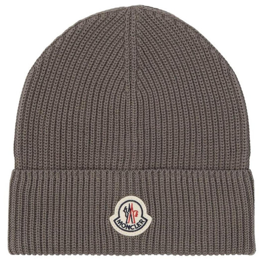 Moncler grey ribbed cotton beanie hat with logo patch and brand tags.