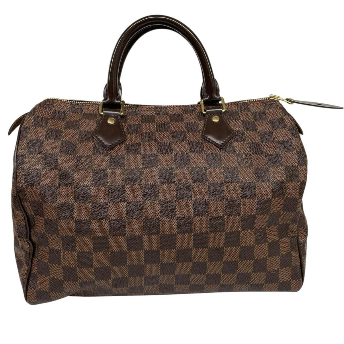 Louis Vuitton brown Damier Ebene canvas handbag with gold hardware and padlock detail.