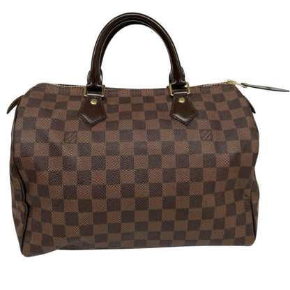 Louis Vuitton brown Damier Ebene canvas handbag with gold hardware and padlock detail.