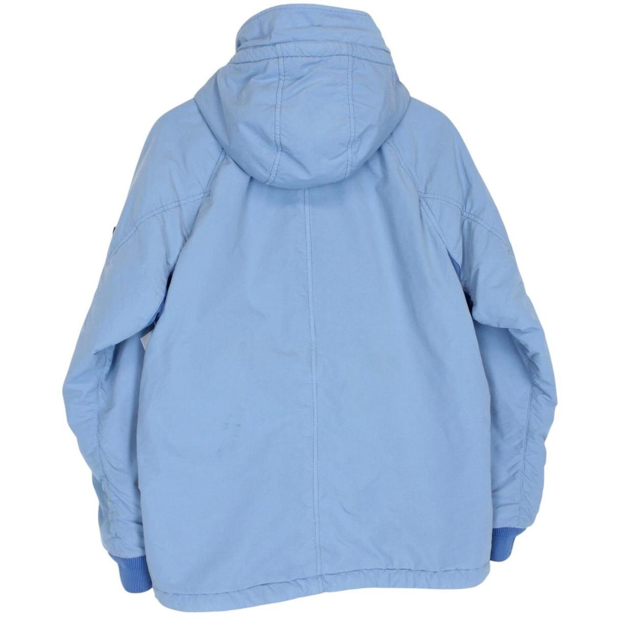 Stone Island blue jacket with logo patch and micropile texture, size small.