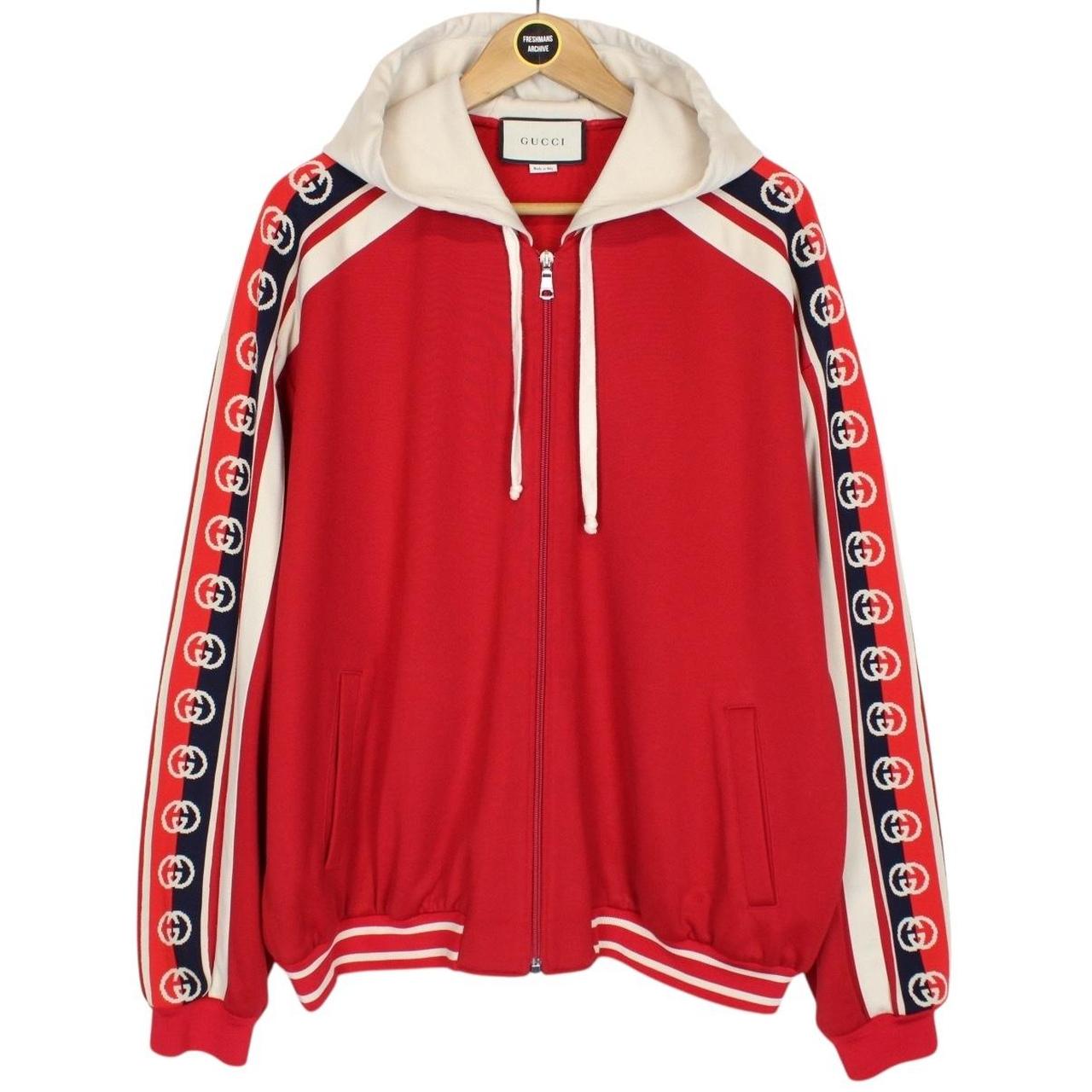 Gucci Red and Cream Taped Logo Full Zip Tech Jersey Hoodie Jumper