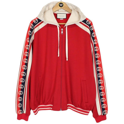Gucci Red and Cream Taped Logo Full Zip Tech Jersey Hoodie Jumper