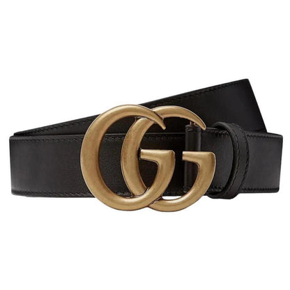 Gucci Black and Antique Brass Marmont Thin Leather Belt with GG Buckle