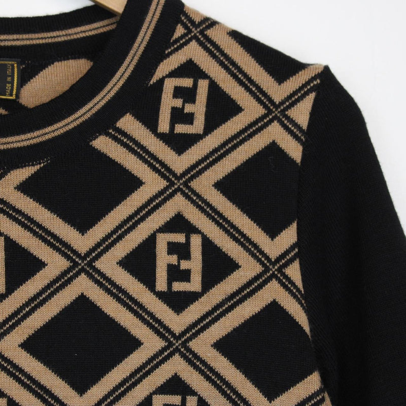 Vintage 90s Fendi Tan Brown and Black Zucca Monogram Short Sleeve Knit Top