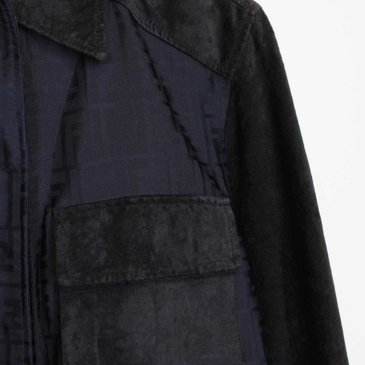 Vintage 90s Fendi Grey and Navy Blue Zucca Monogram Nylon and Velour Jacket