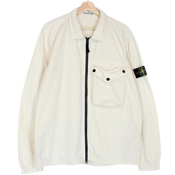 Stone Island cream full zip overshirt jacket with logo patch and cotton material.