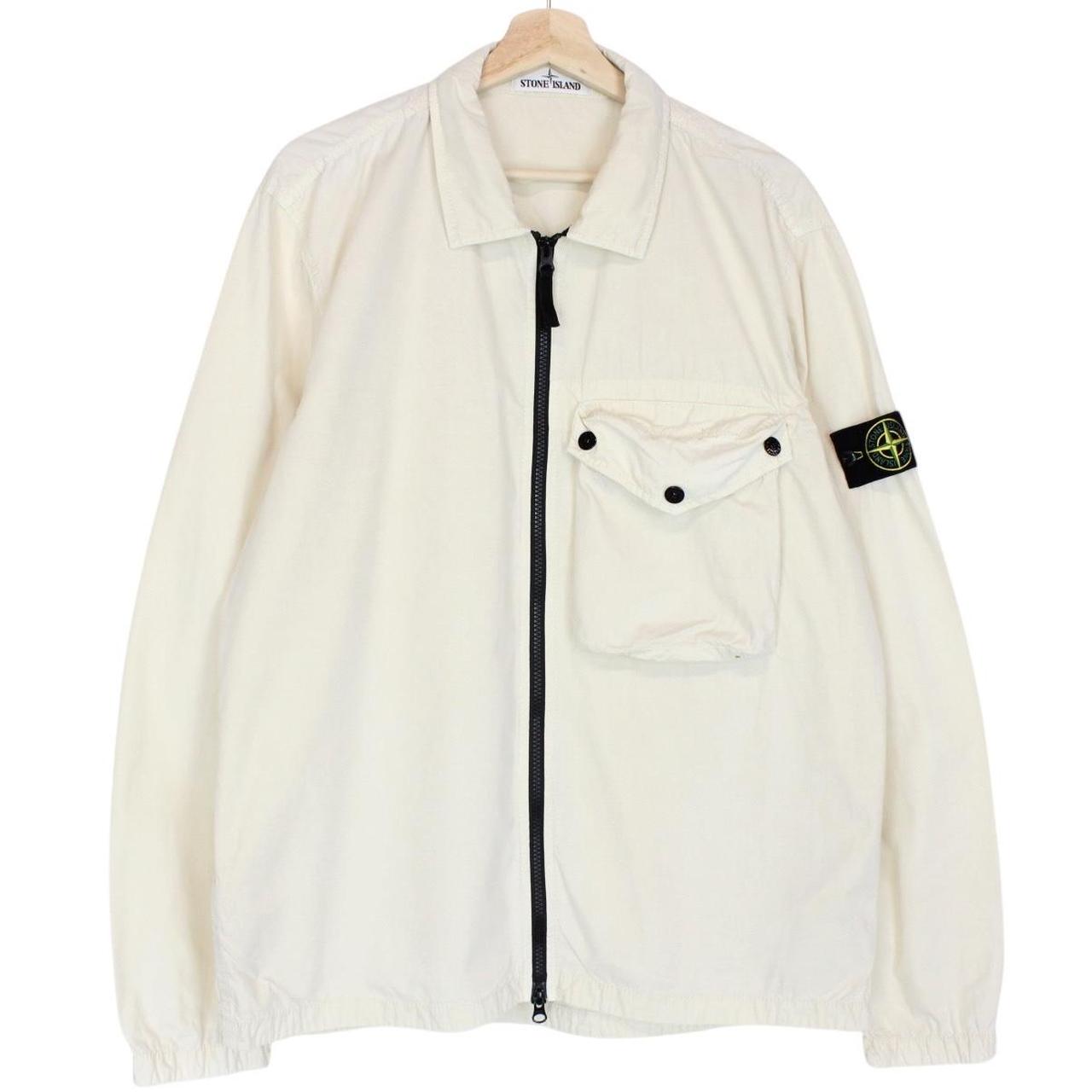 Stone Island cream full zip overshirt jacket with logo patch and cotton material.