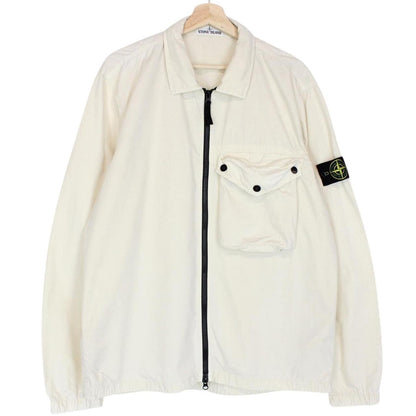 Stone Island cream full zip overshirt jacket with logo patch and cotton material.