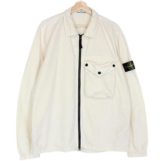 Stone Island cream full zip overshirt jacket with logo patch and cotton material.