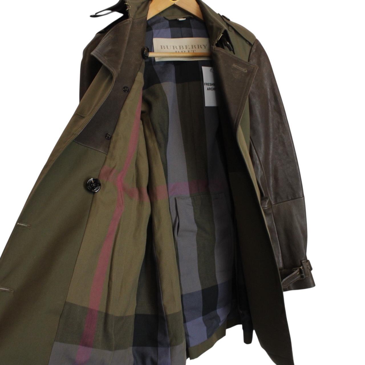 Burberry Brit Khaki Green Double Breasted Belted Leather Sleeve Trench Coat