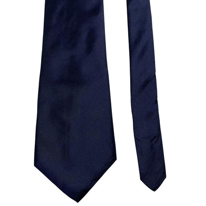 DKNY navy blue silk tie with subtle sheen and classic design.