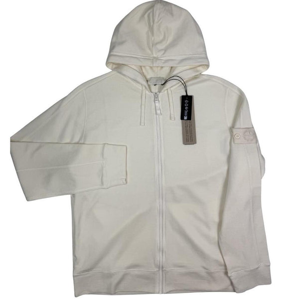 Stone Island cream full zip hoodie with ghost logo and cotton material.