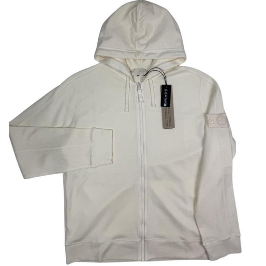 Stone Island cream full zip hoodie with ghost logo and cotton material.