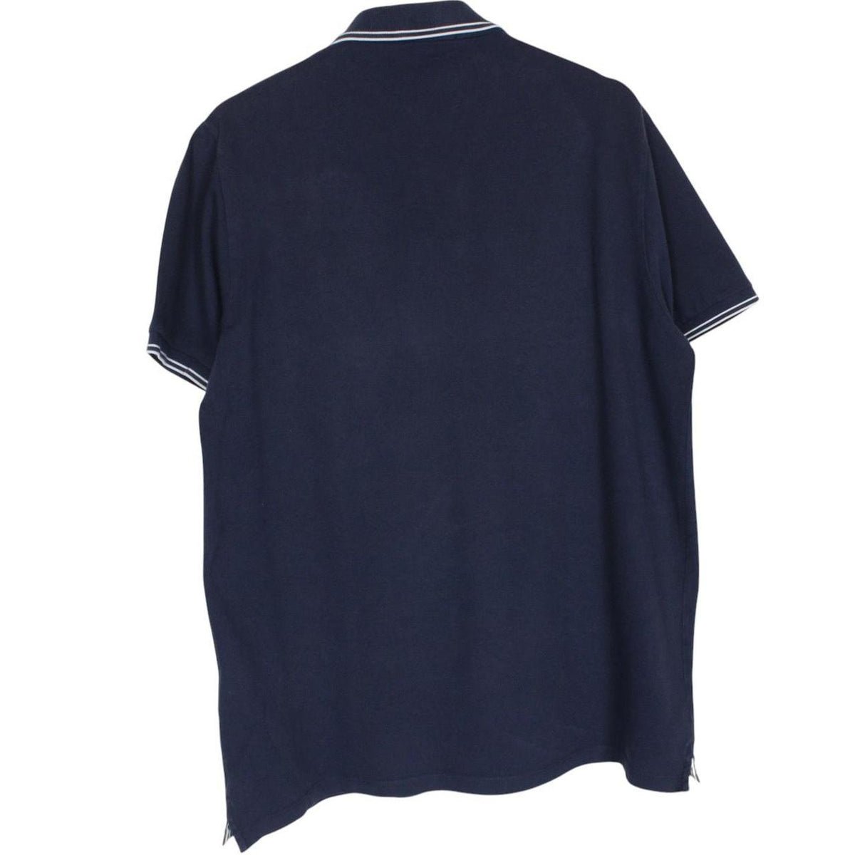 Stone Island navy blue polo shirt with embroidered compass logo and cotton material.