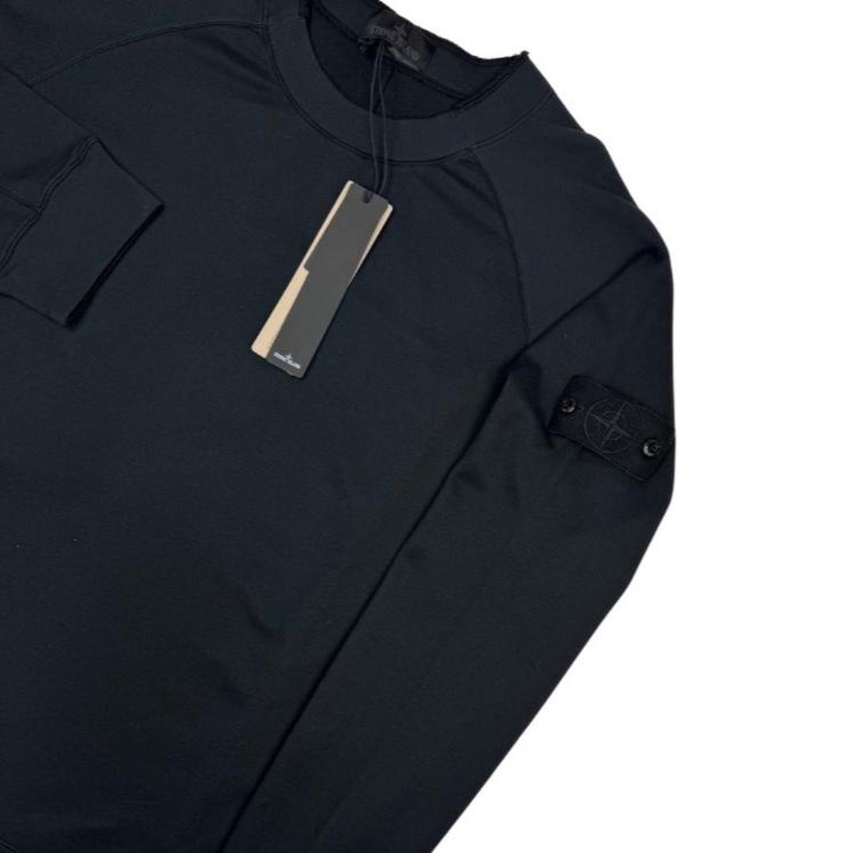 Stone Island black sweatshirt with ghost logo and stretch cotton material.