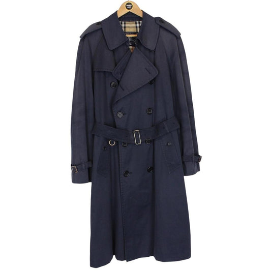 Vintage 90s Burberry Navy Blue Nova Check Double Breasted Belted Trench Coat