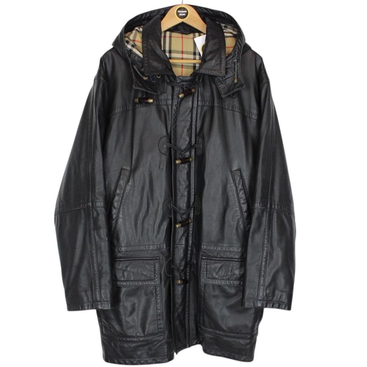 Vintage 90s Burberry Black Nova Check Lined Leather Duffle Coat