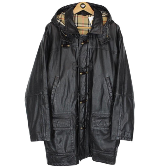 Vintage 90s Burberry Black Nova Check Lined Leather Duffle Coat
