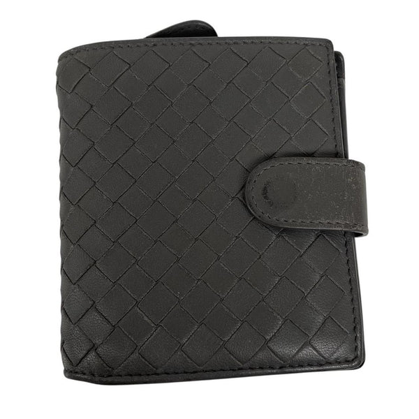 Bottega Veneta grey bifold wallet with Intrecciato woven leather pattern and popper closure.