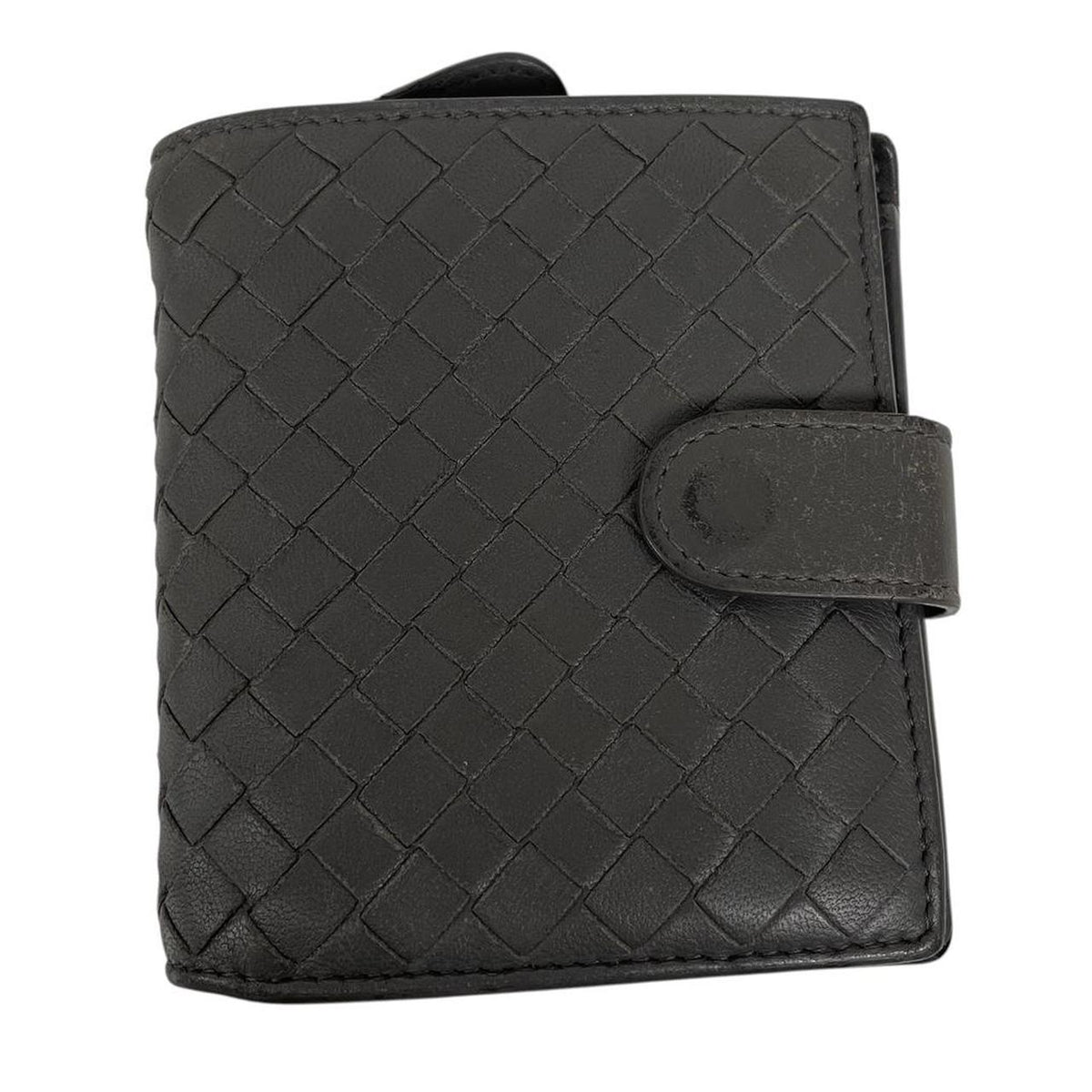 Bottega Veneta grey bifold wallet with Intrecciato woven leather pattern and popper closure.