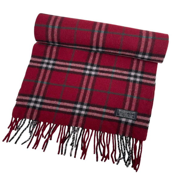 Burberry burgundy scarf featuring classic Nova Check pattern in soft lambswool.