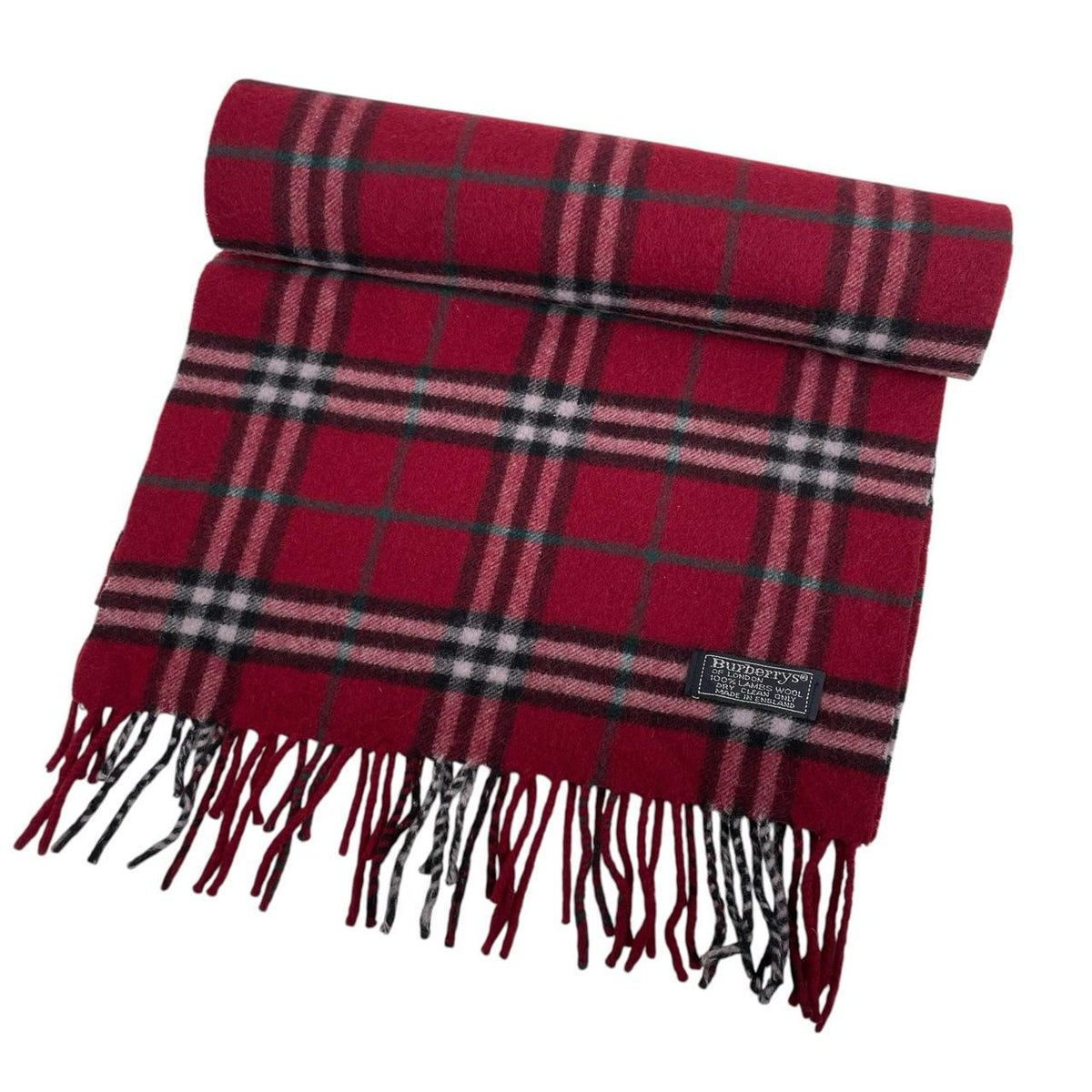 Burberry burgundy scarf featuring classic Nova Check pattern in soft lambswool.