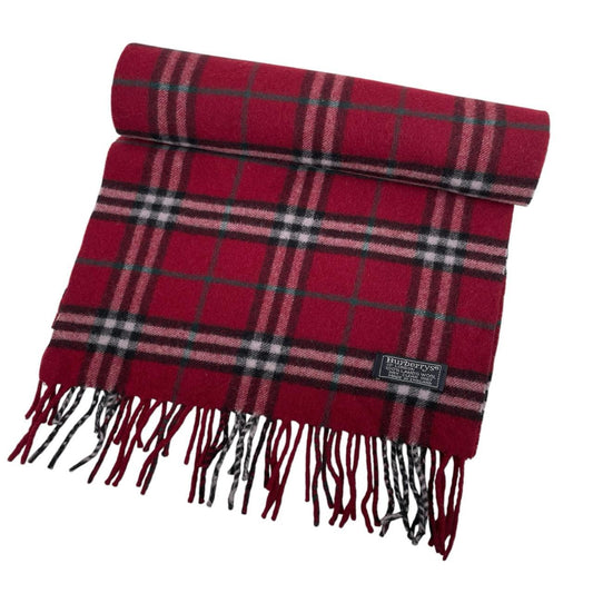 Burberry burgundy scarf featuring classic Nova Check pattern in soft lambswool.