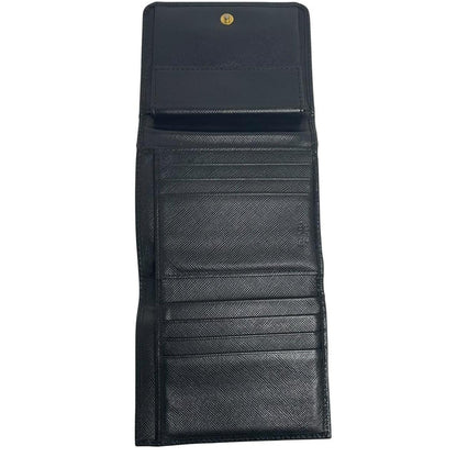 Prada black bifold wallet Saffiano leather with logo embossed detail.