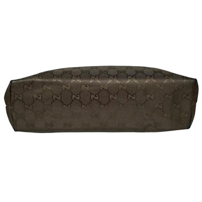 Gucci khaki green duffel bag with metallic monogram canvas and leather trim details.