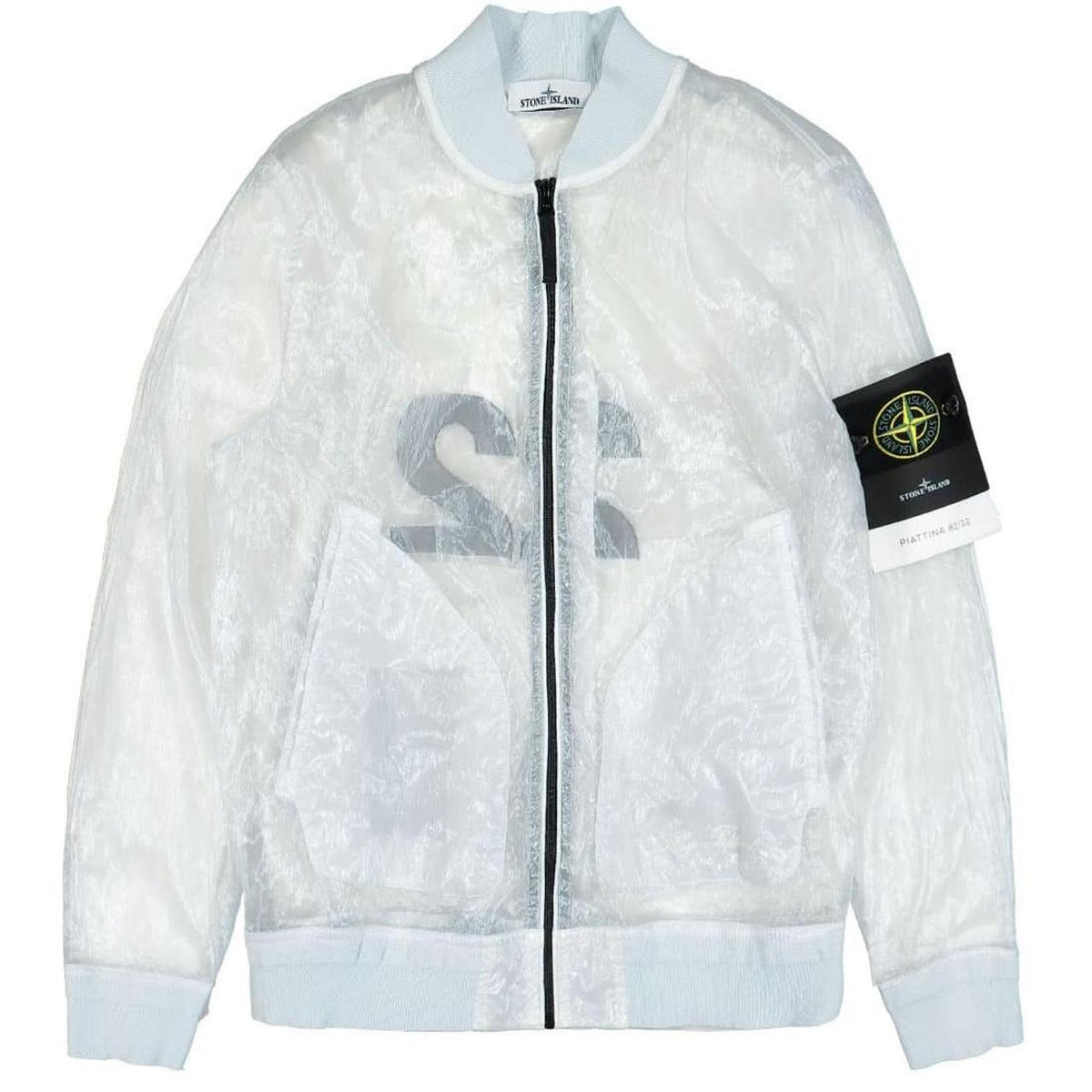 Stone Island bomber jacket ice blue with logo patch and premium fabric details.