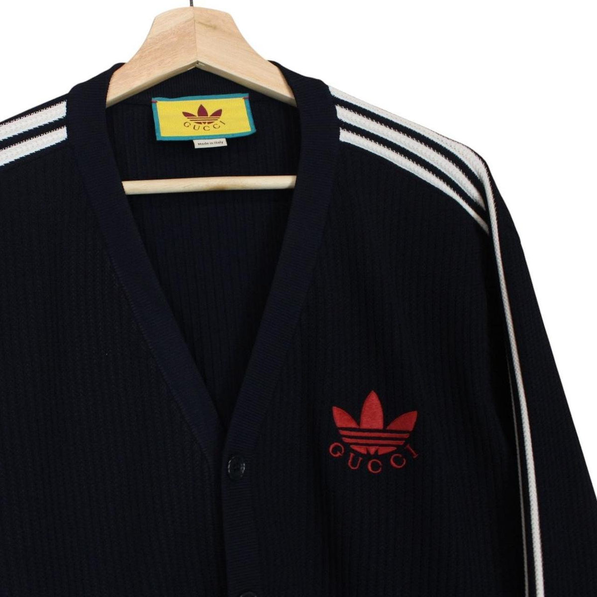 Gucci x Adidas navy blue cardigan jumper with logo detailing and soft viscose material.