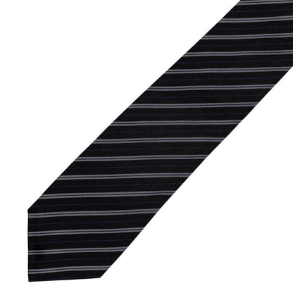 Paul Smith black and grey striped silk blend tie with subtle logo detail.
