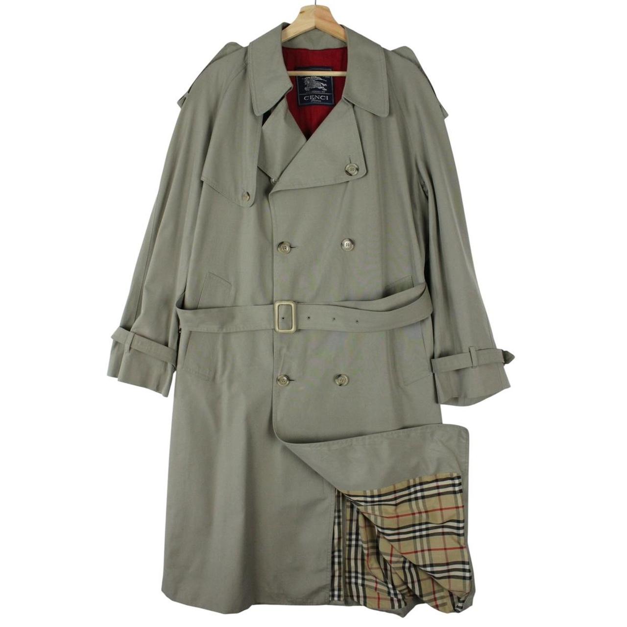 Burberry khaki green trench coat with Nova Check pattern and double-breasted design.