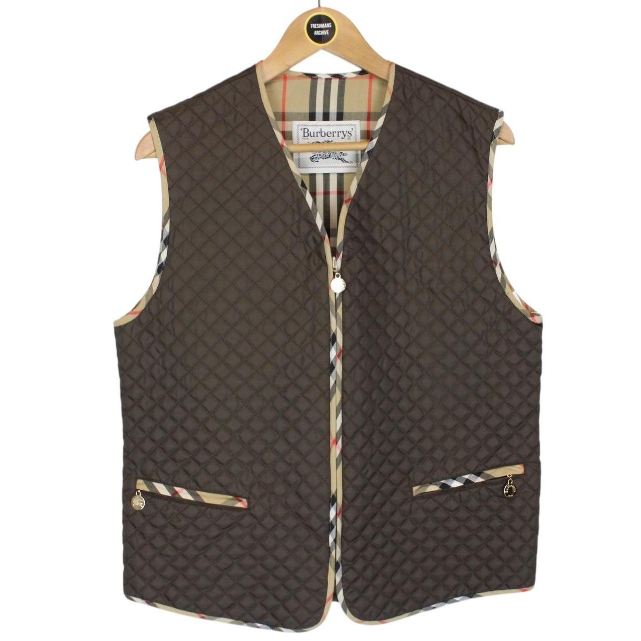 Vintage 90s Burberry Khaki Brown Nova Check Full Zip Quilted Vest