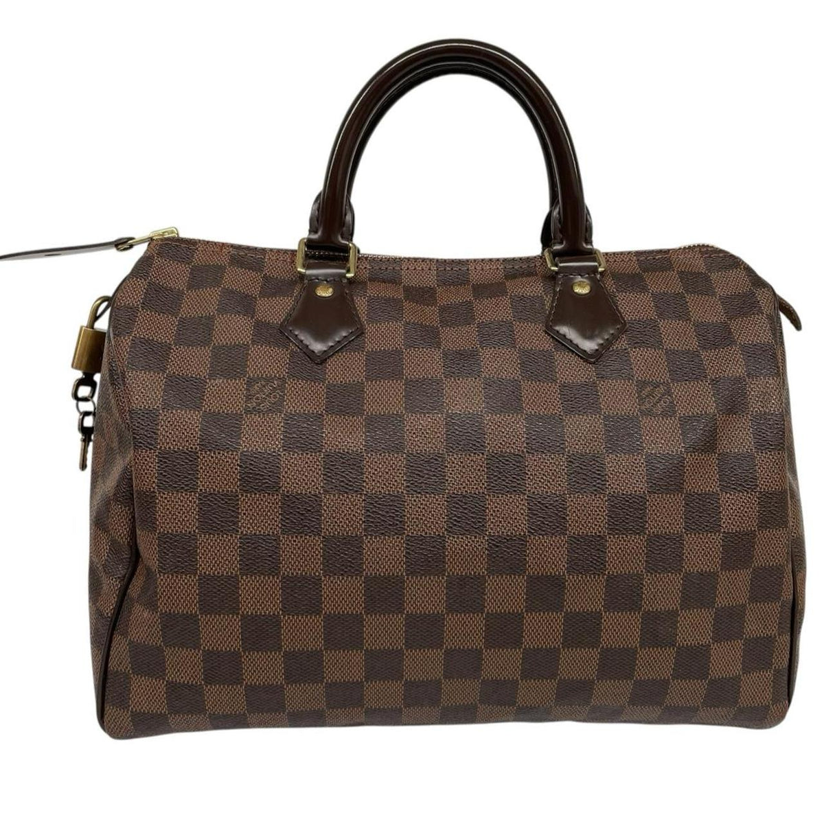 Louis Vuitton brown Damier Ebene canvas handbag with gold hardware and padlock detail.