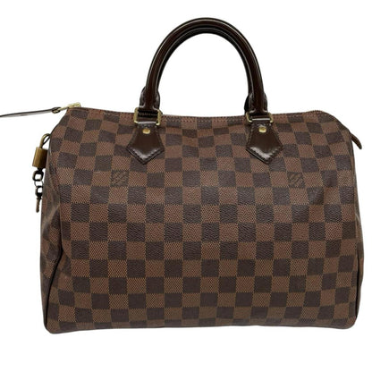 Louis Vuitton brown Damier Ebene canvas handbag with gold hardware and padlock detail.