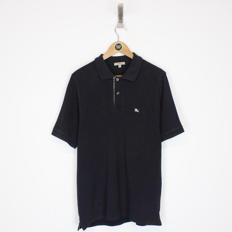 Burberry London Navy Blue Nova Check Detail Short Sleeve Cotton Polo Shirt