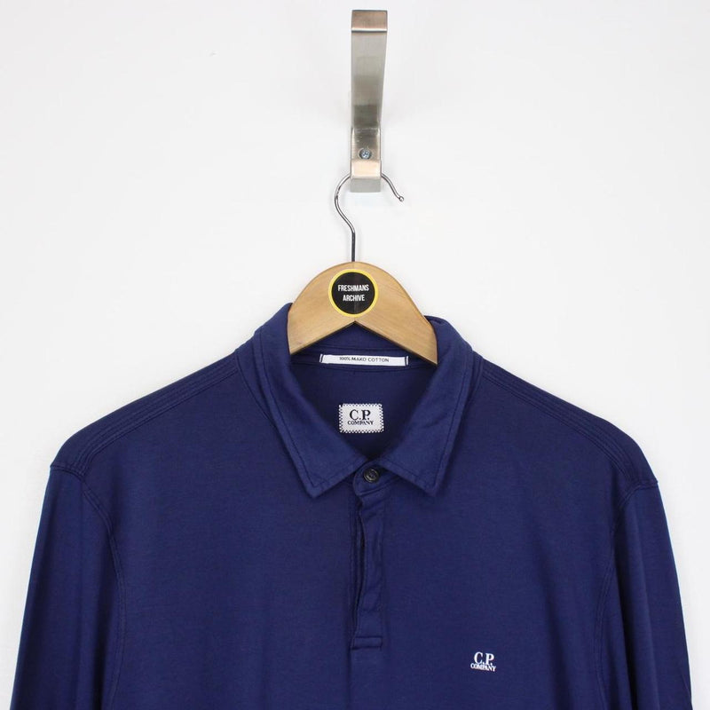 CP Company Navy Blue Collared Long Sleeve Logo Polo Shirt