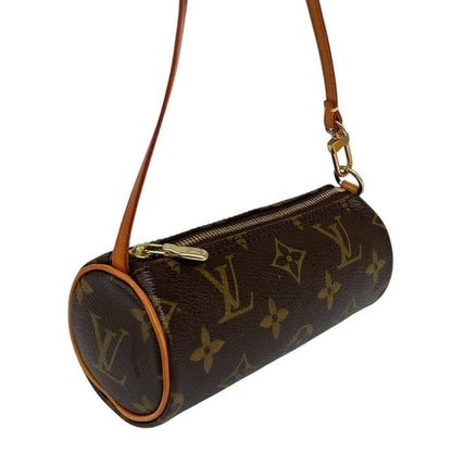 Louis Vuitton brown and tan mini pochette bag with monogram canvas pattern and logo.