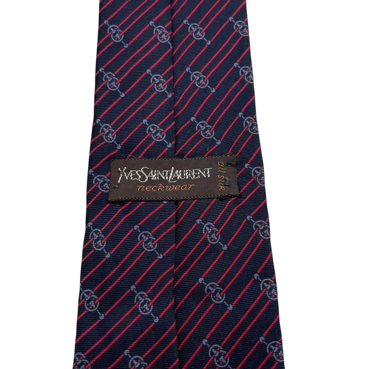 Yves Saint Laurent navy blue and red striped silk tie with logo detail.