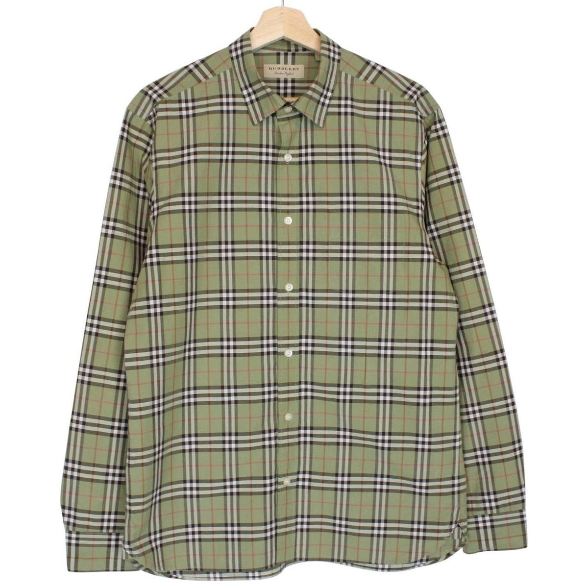Burberry green long sleeve shirt with Nova Check pattern and cotton poplin material.
