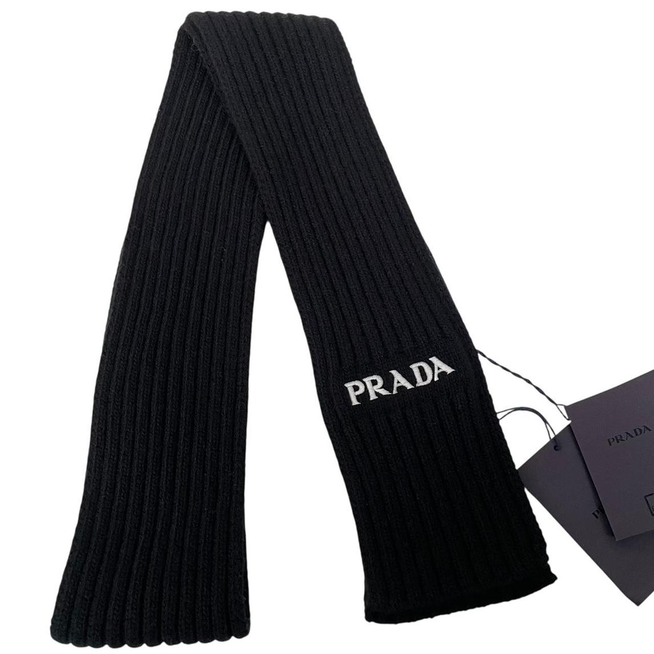 Prada Black and White Cashmere Wool Knit Logo Scarf