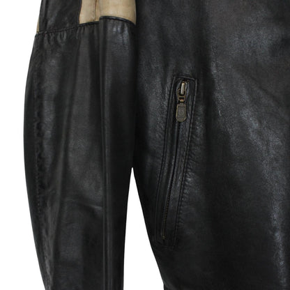 Belstaff beige and black leather jacket with vintage logo and cream detailing.