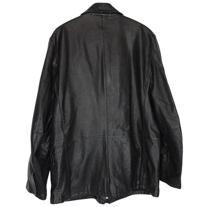 CP Company black leather jacket with multi pockets and logo detail.