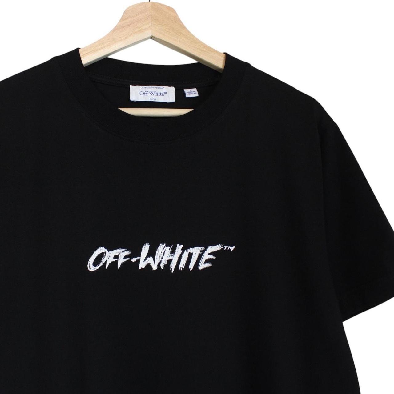Off-White black cotton t-shirt with white logo print and short sleeves.
