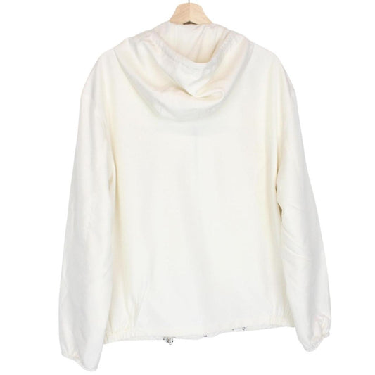 Prada cream silk hooded jacket with triangle logo and full zip detail.