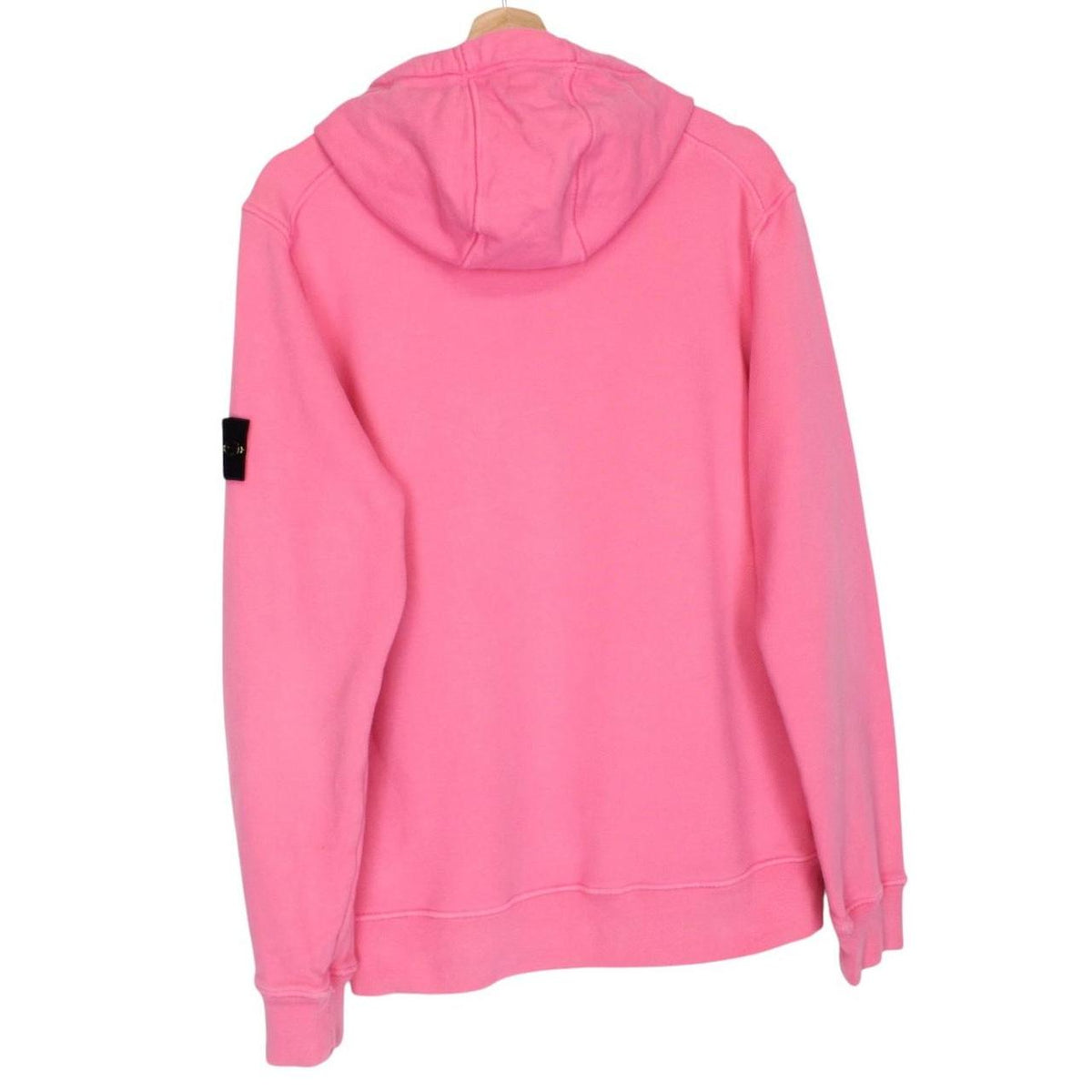 Stone Island pink hoodie jumper with iconic compass logo and soft cotton material.