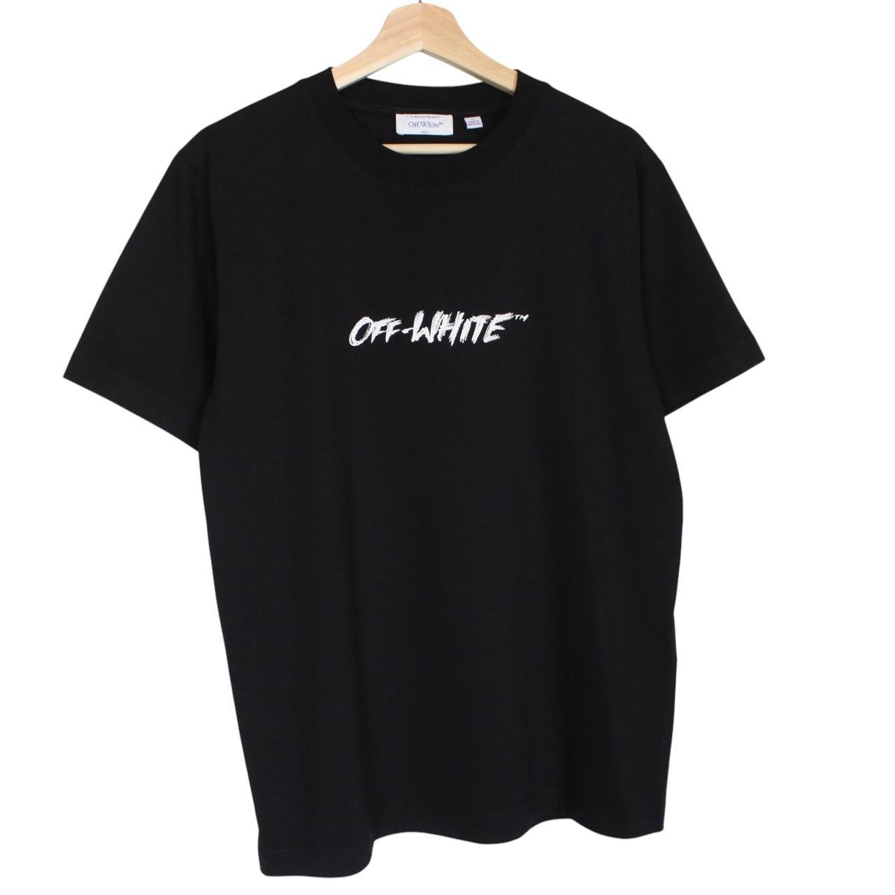 Off-White black cotton t-shirt with white logo print and short sleeves.