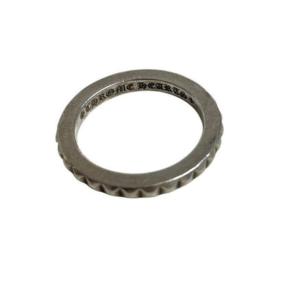 Chrome Hearts silver 3mm cross ring with engraved logo and minor scratches.
