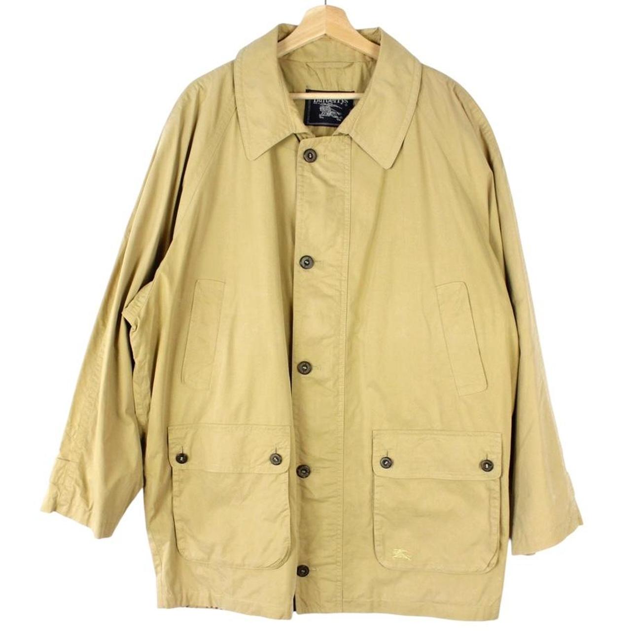 Burberry beige coat with Nova Check pattern, multi pockets, and cream lining.